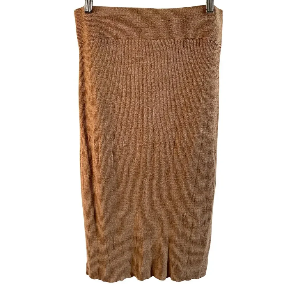 Free People Golden Hour Midi Skirt Ribbed Knit Tan Midi with Side Slit Size M